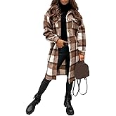 PUWEI Women's Long Flannel Plaid Jacket Shacket Cozy Lapel Button Down Shirt Jacket Fuzzy Trench Coat