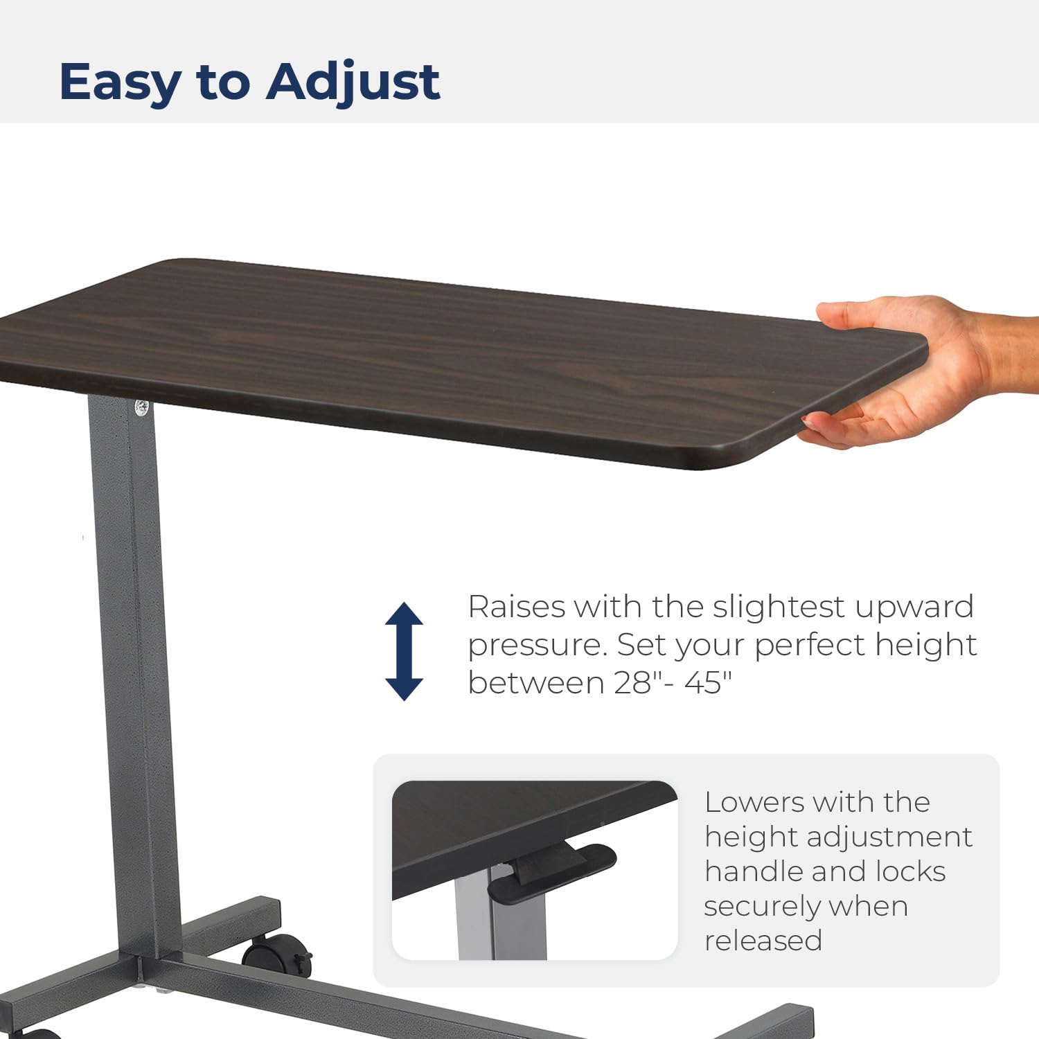 Drive Medical 13067 Non Tilt Top Overbed Table with Wheels and Secure Height Adjustment,Tray Table for Hospital or Home Use, Bedside Rolling Overbed Table, Silver Vein