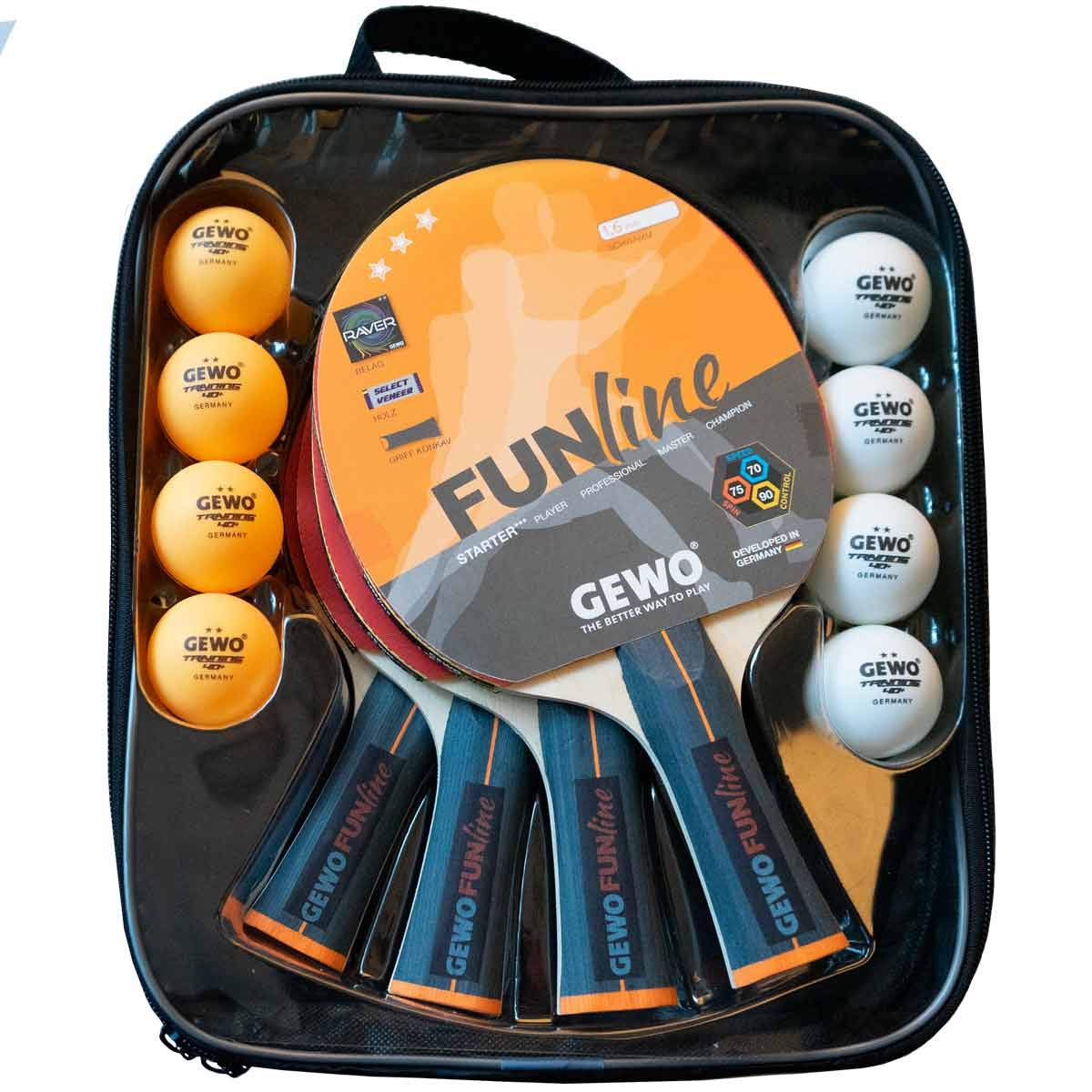 GEWO Family & Friends Table Tennis Bat Set - 4 Table Tennis Bats for Hobby and Leisure with 8 TT Balls and Practical Storage Bag - Complete Bat with Raver Rubber Coating, Concave Handle