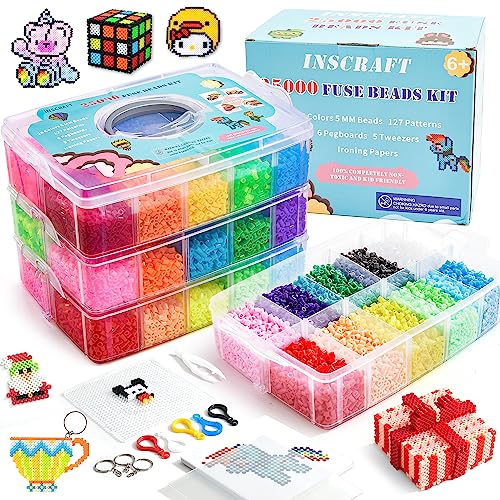 INSCRAFT Ironing Beads Set, 25000 Pieces Large Ironing Beads 5 mm, 26 Colours XL Ironing Beads, Large Ironing Beads with 10 Ironing Paper, 127 Beads Templates and 4 Ironing Beads Plates, Beads from 3 Years