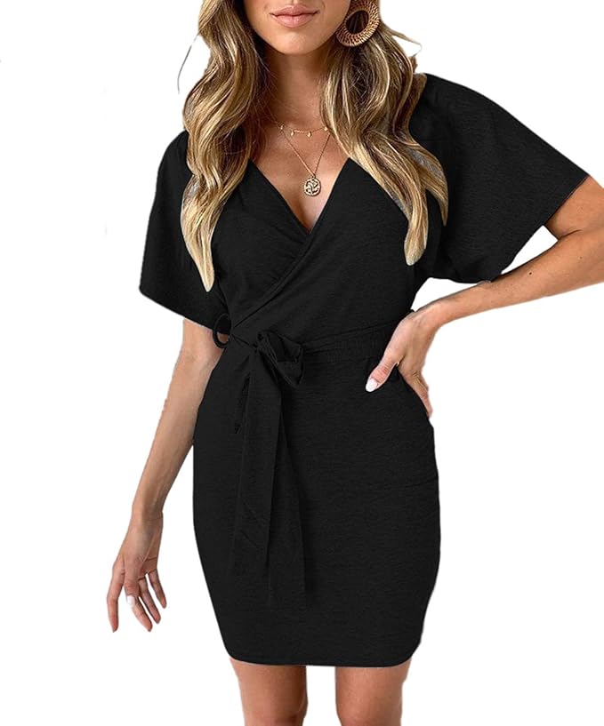 Ajpguot Kurz Kleid Damen Elegant Wickelkleider Sexy V-Ausschnitt Minikleid Einfarbig Kurzarm Partykleider Rückenfrei Sommerkl