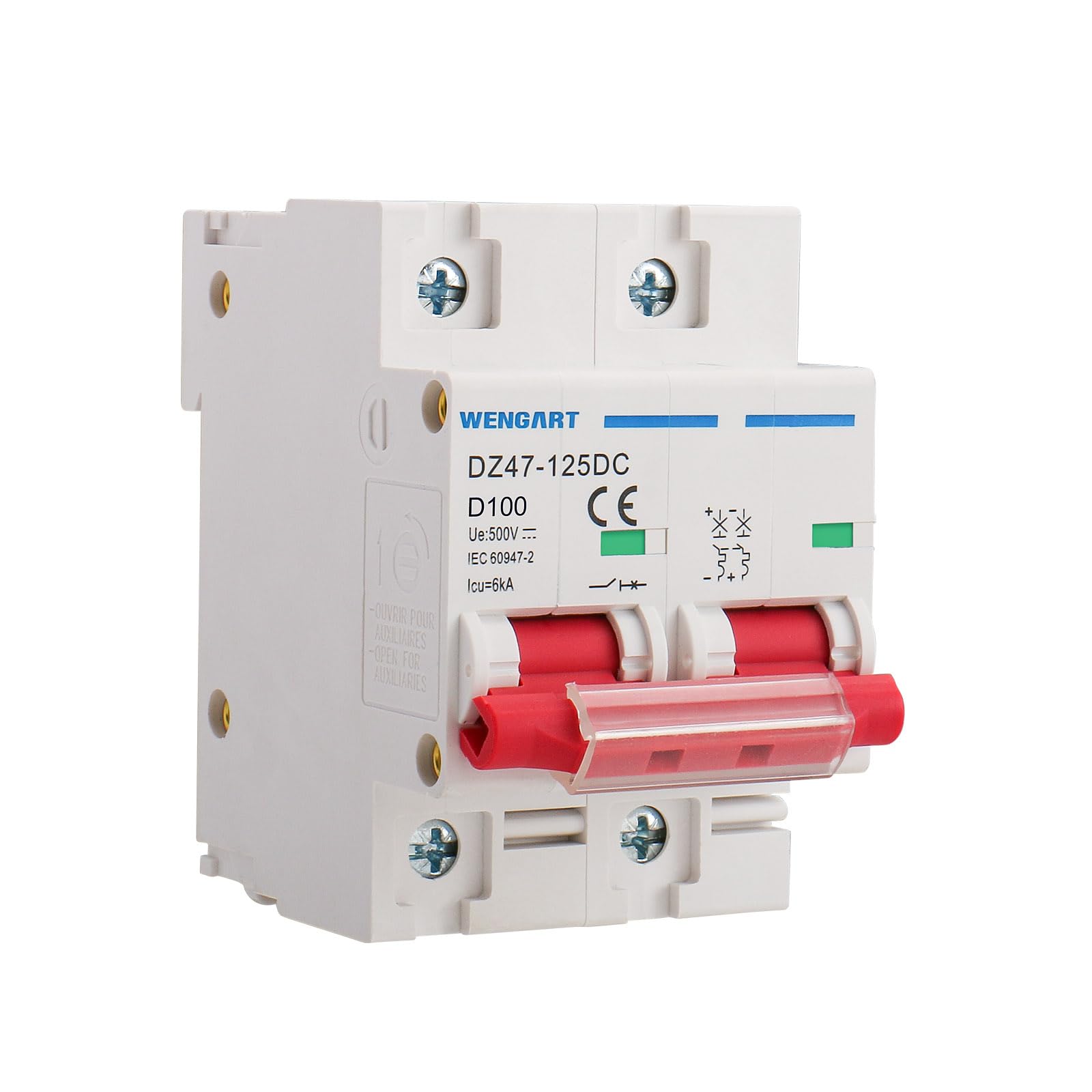 Wengart Miniature Circuit Breaker DZ47-125, 2P 500V 100A, Solar PV System Isolator, DIN Rail Mount, DC Disconnect Switch