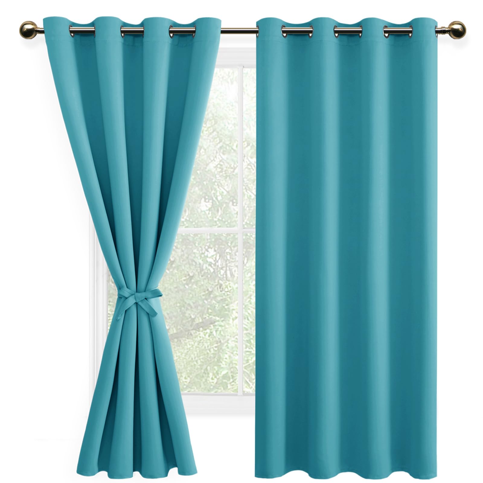 DWCN Turquoise Blackout Curtains with Tiebacks for Bedroom Thermal Insulated Solid Eyelet Curtains for Living Room,2 Panels,52" Wide x 63" Drop