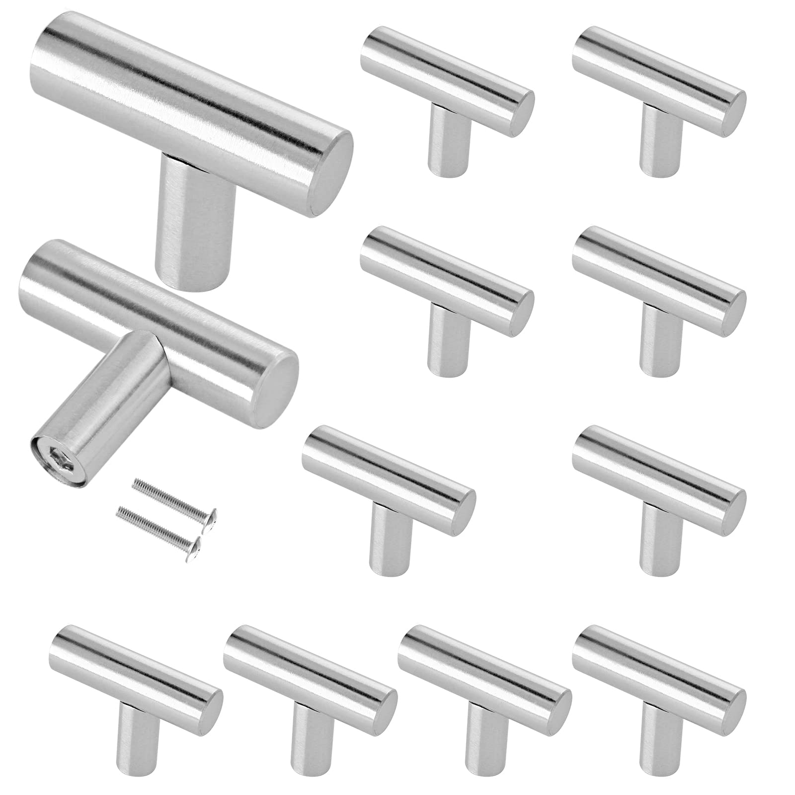 Cjueiom 12 Pack Brushed Nickel Cupboard Knobs & Pull Handles, 50mm Length T Bar, Stainless Steel Drawer & Wardrobe Door Knobs for Kitchen & Bedroom Drawer & Closet