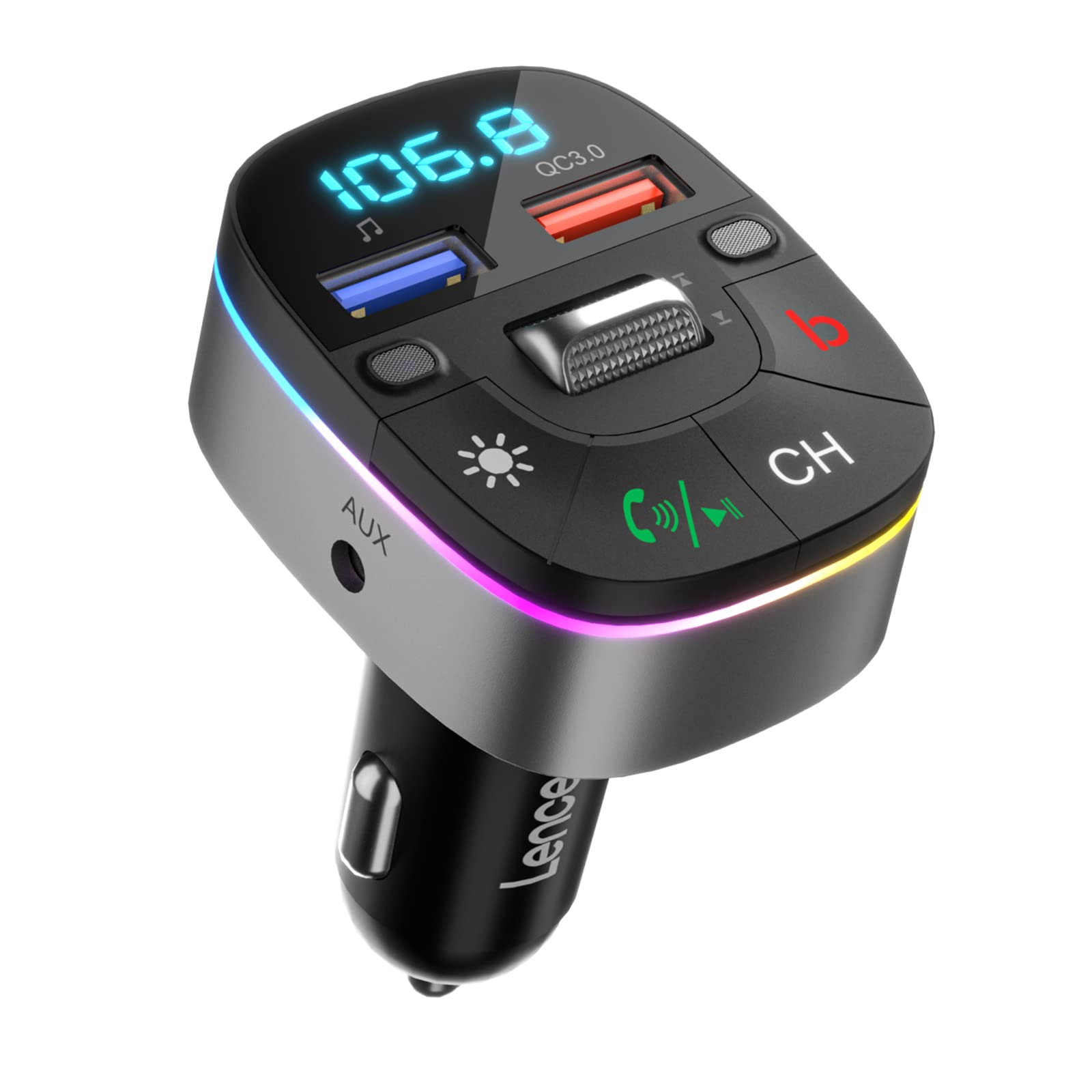 Photo 1 of LENCENT Bluetooth Car Adapter, 5.0 Car FM Transmitter with QC3.0 Charger, AUX Bluetooth Radio Music, Wireless Dual Mics, Bass Sound, Cigarette Lighter, & HandsFree, Supports Siri & Google Assistant