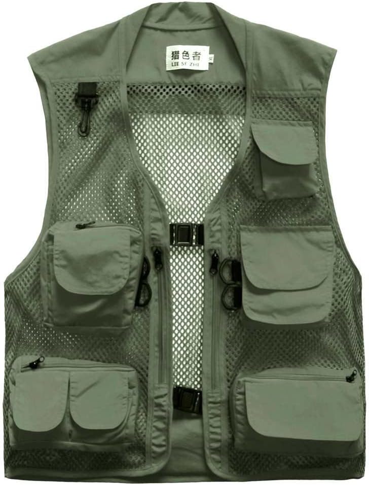 Lieshezhe Men Mesh Breathable Multi-Pocket Vest Outdoor Travelers Fly Fishing Photography (Green, US M/Tag XL)