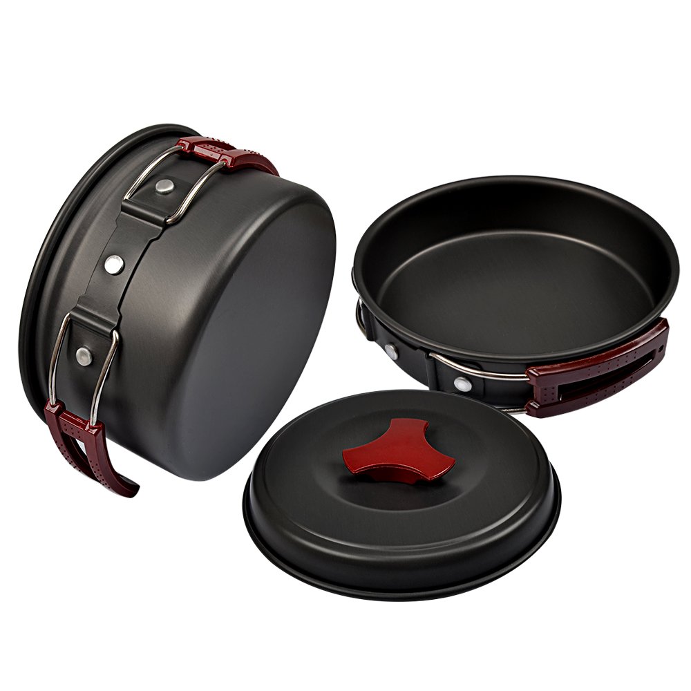 Portable Camping Cookware Mess Kit- 11 Piece Non-Stick Cookset, Lightweight, Durable & Compact, Perfect Outdoor Cooking Equipment for Backpacking, Hiking and Picnic