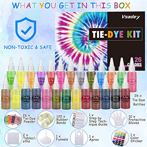 Tie Dye Kit, VSADEY 26 Colors Fabric Dye Party Kit Tie Dye Set Party Supplies with Pigments, Rubber Bands, Gloves, Apron and Table Cover for Clothes Craft Arts Fabric Textile DIY Handmade Project