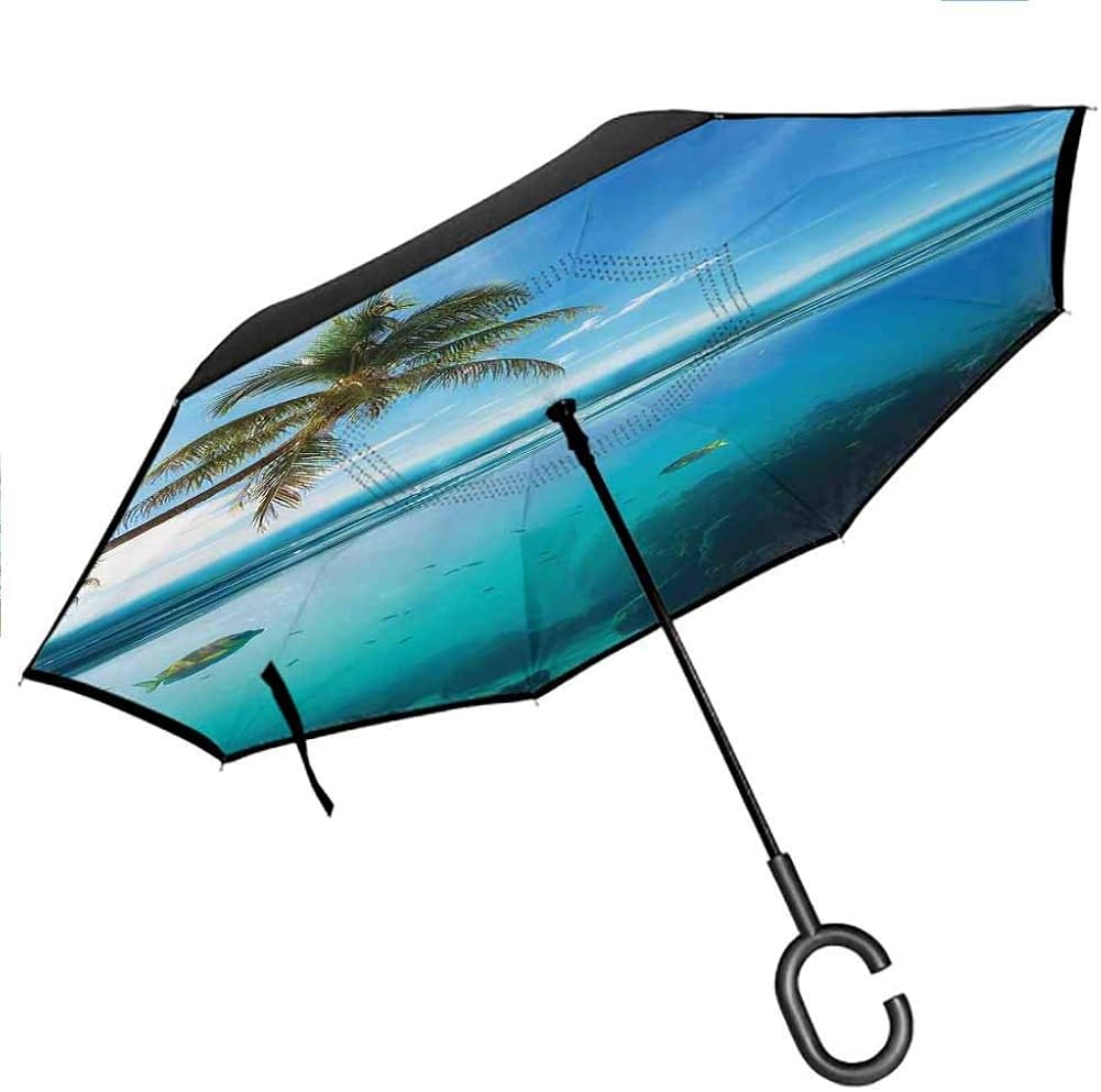 Ocean Double Layer Folding Inverted Umbrella, Tropical Underwater Shot with Surface Coconut Tree