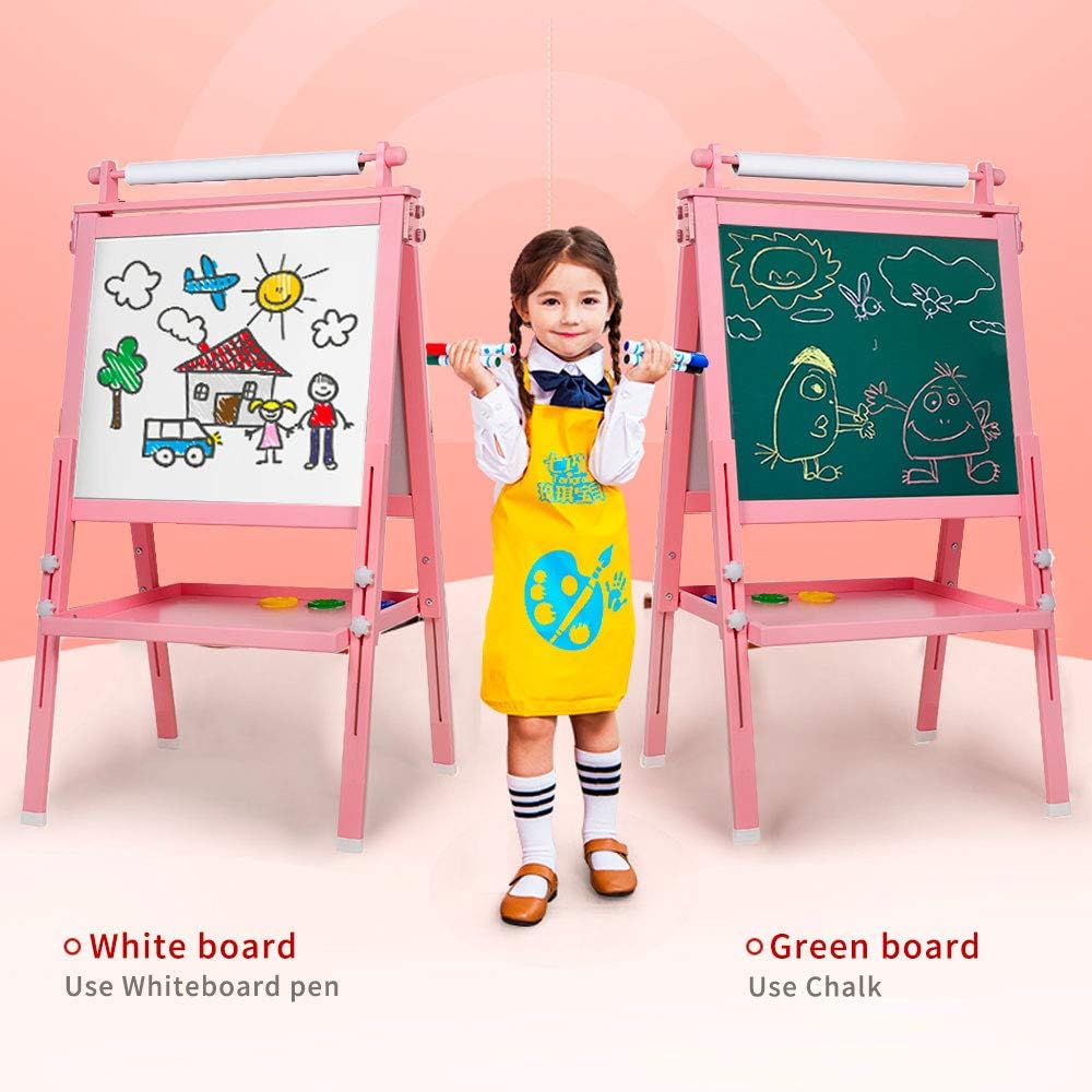 BeebeeRun 3 in 1 Wooden Kids Easel Double-Sided Drawing Board Whiteboard & Chalkboard Dry Easel with Drawing axis & Paper Roll, Numbers, Paint Cups for Writing Kids Boys Girls (Pink): Home & Kitchen