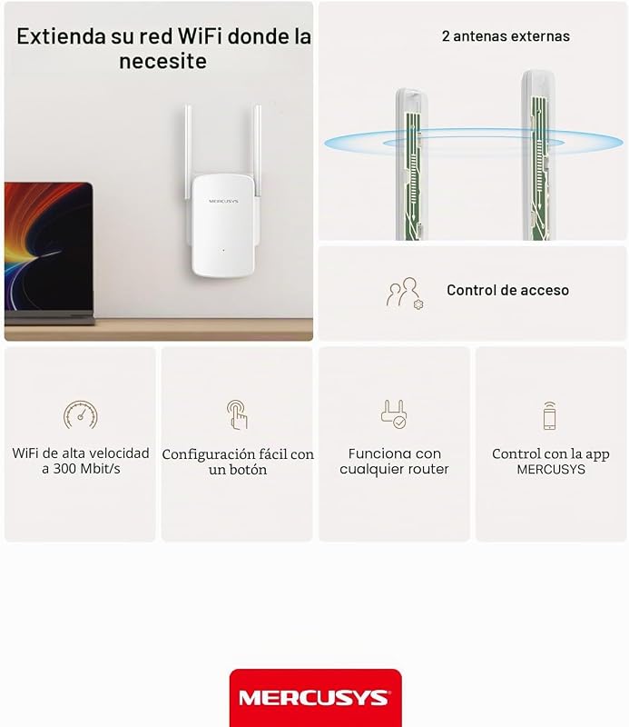 ME12-Repetidor WiFi 4, 300M, 2.4GHz, 2 Antenas Externas,Plug&Play