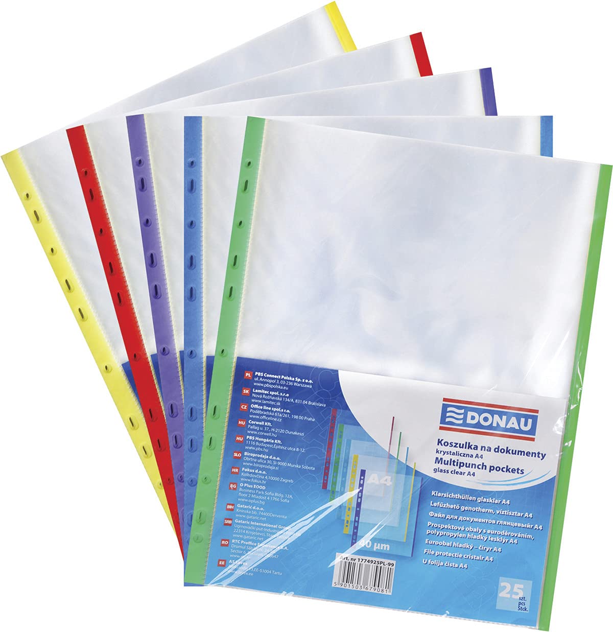 Punched Pockets for Protecting Documents DONAU PP A4 Crystal 40mikr Coloured Edge - Assorted Colours 25 Pcs/Document Archiving/Type-Crystalline/Kind-Coloured Edge/Material-PP