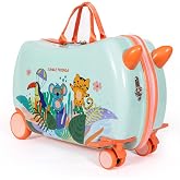 Milk&amp;Moo Kids Ride-On Suitcase &ndash; 21L Hard Shell Carry-On Luggage with 360 Swivel Wheels, Foldable Footrests &amp; Tow Strap &ndash; Toddler Airplane Travel Essentials, Jungle Friends