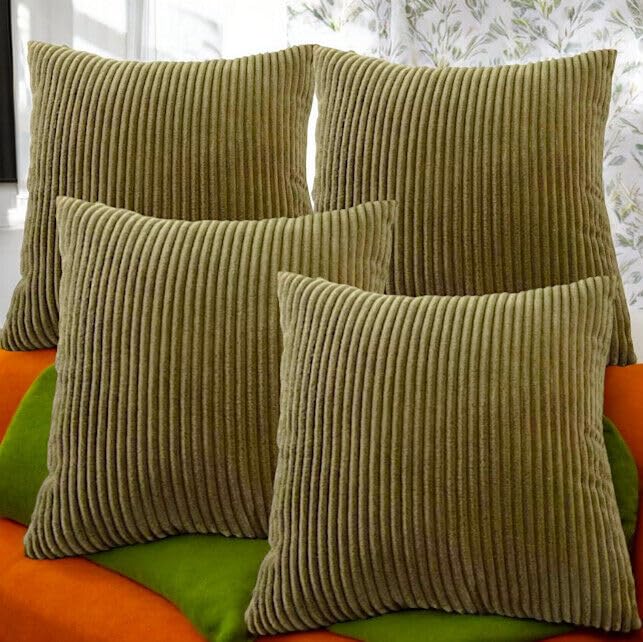 Seechoo Corduroy Cushion Covers, Set of 4, 40 x 40 cm, Plain Soft Striped, Assorted Colours (Khaki Green)