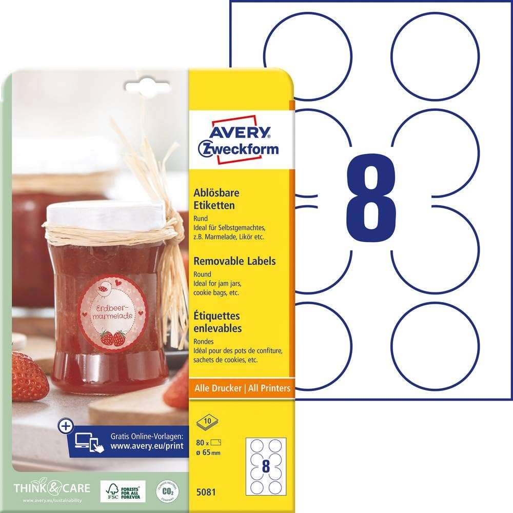 Avery Zweckform 5081 Jam Labels, A4, 80 Labels Removable, Ø 65 mm 10 Sheets White