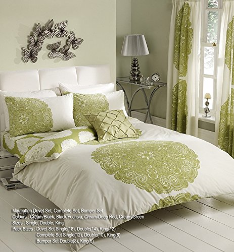 Manhatten Green Quilt Duvet Cover Set With Matching Curtains And