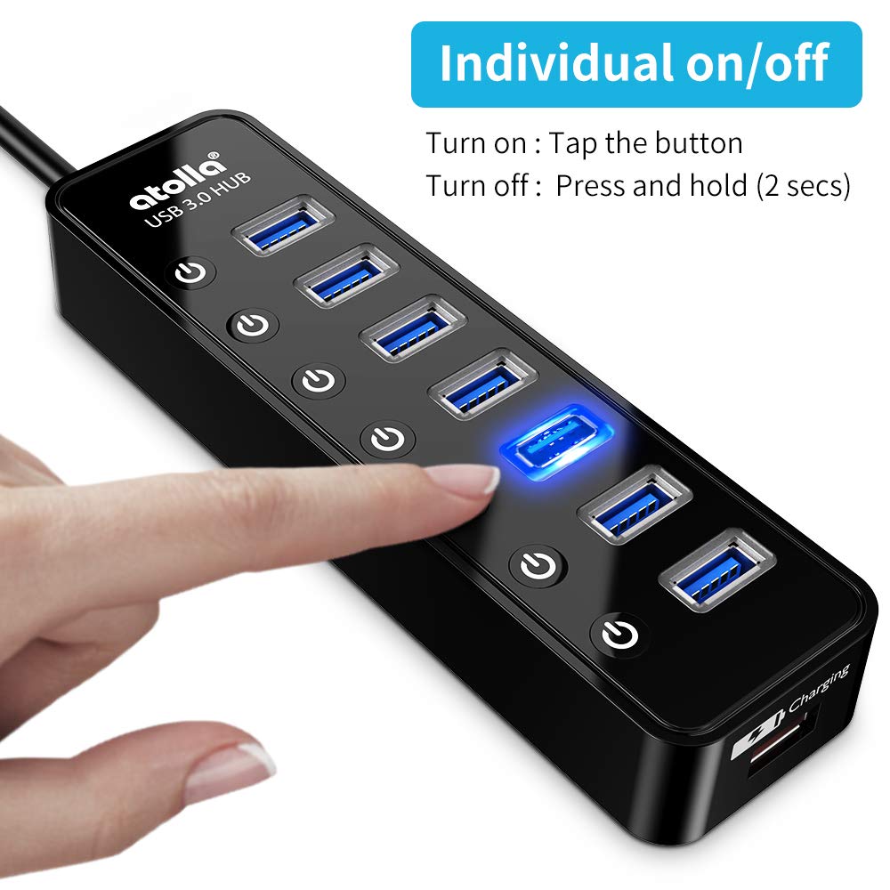 Powered USB Hub 3.0, Atolla 7-Port USB Data Hub Splitter with One Smart Charging Port and Individual On/Off Switches and 5V/4A Power Adapter USB Extension for MacBook, Mac Pro/Mini and More.