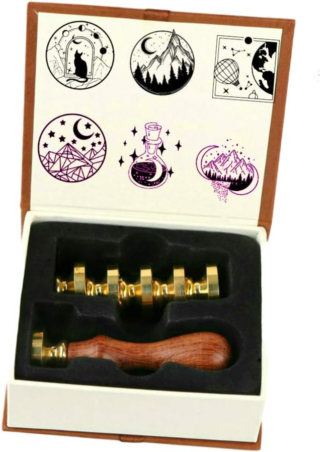 ANBOSE Wax Seal Stamp Set - 6 Piece Moon Star Mountain Seals + Wooden Hilt, Ideal for Cards & Invitations