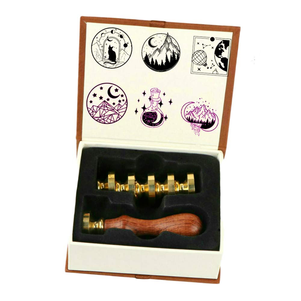 ANBOSE Wax Seal Stamp Set - 6 Piece Moon Star Mountain Seals + Wooden Hilt, Ideal for Cards & Invitations