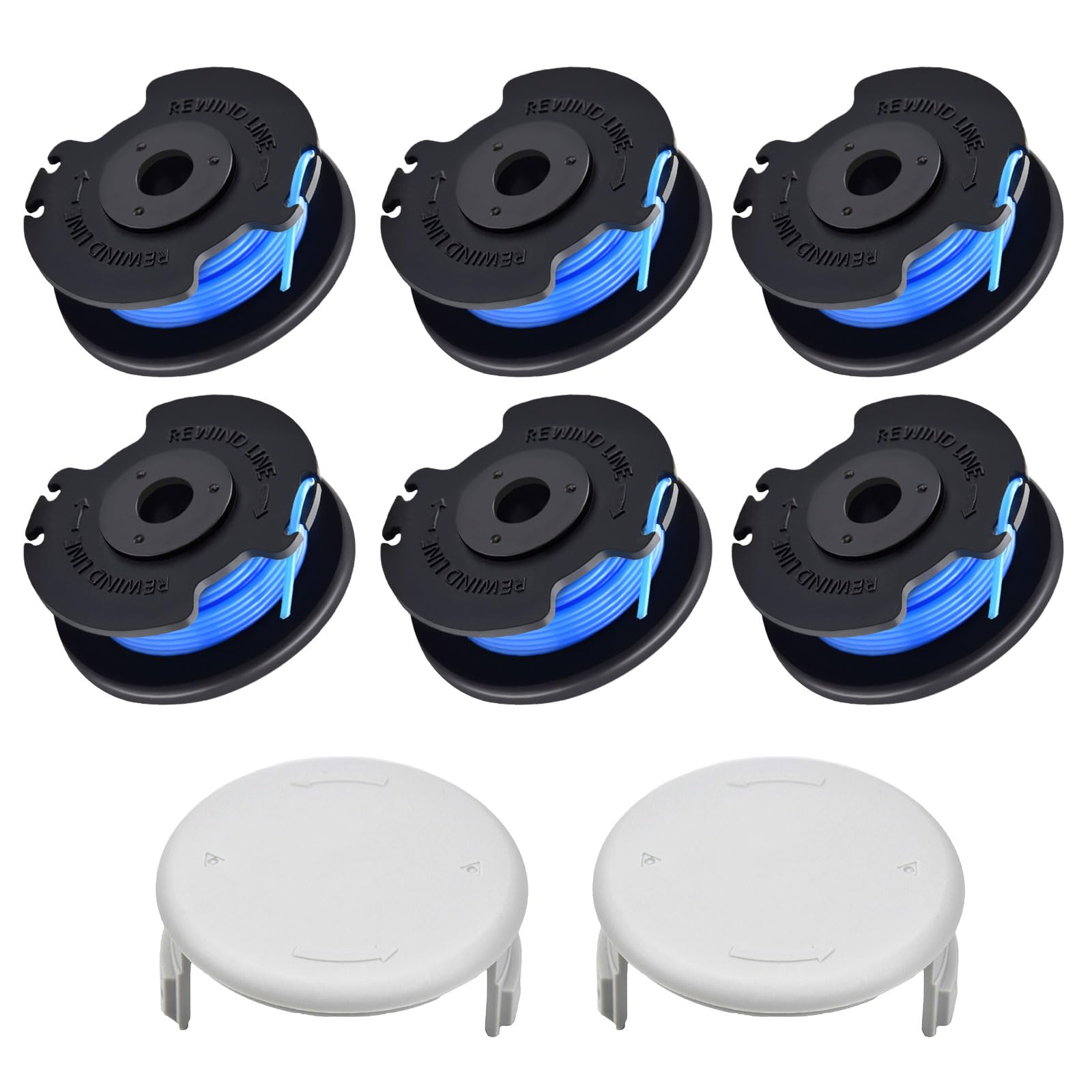 JAMSSOW 6 Pcs Replacement Strimmer Spool Compatible with Ryobi One+ AC14RL3A RAC124,Autofeed Nylon Line for Ryobi One+ 18V,24V,40V,1.65mm x 3.4m(6 Spool + 2 Cover)