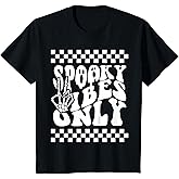 Kids Spooky Vibes Only Toddler Halloween Skeleton Peace Checkered T-Shirt