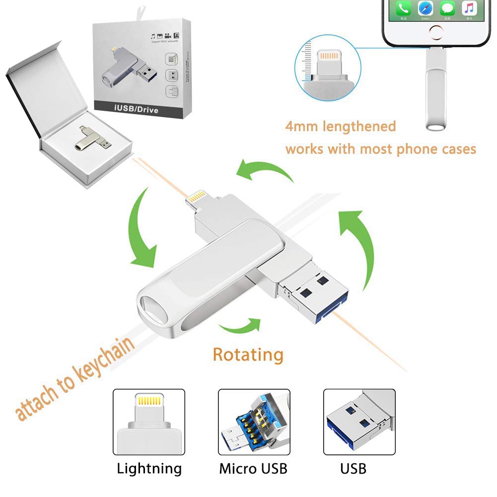 USB Stick 32GB, Externer Speicherstick für iPhone- USB 3.0 Memory Stick Micro USB 3 in 1 iUSB Flash Drive für iOS Laptop Notebook Android- Metall Silber