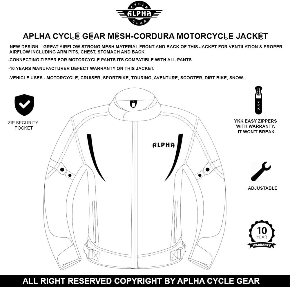 HI VIS MESH MOTORCYCLE JACKET FOR MENS RIDING BIKERS RACING DUAL SPORTS BIKE ARMORED PROTECTIVE… (BLACK, X-LARGE): Automotive