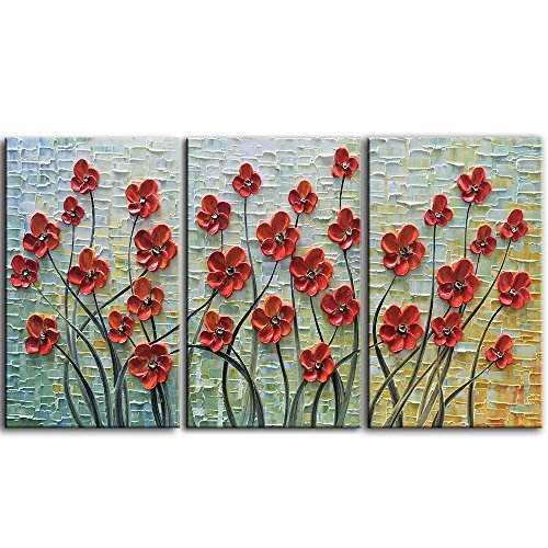 YaSheng Art -28x20inchx3 Oil Paintings On Canvas Palette Knife Texture Red 3D Flowers Paintings Contemporary Abstract Art Paintings Home Decor Wall Art for living room Framed Ready to hang