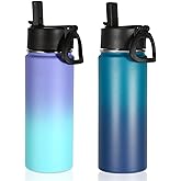 Volhoply 18oz Insulated Water Bottle Bulk 2 Pack,Kids Stainless Steel Water Bottles with Straw,Wide Mouth Reusable Metal Bottle,Double Wall Vacuum Sports Flask For Cold Drink(Assorted,2 Set)
