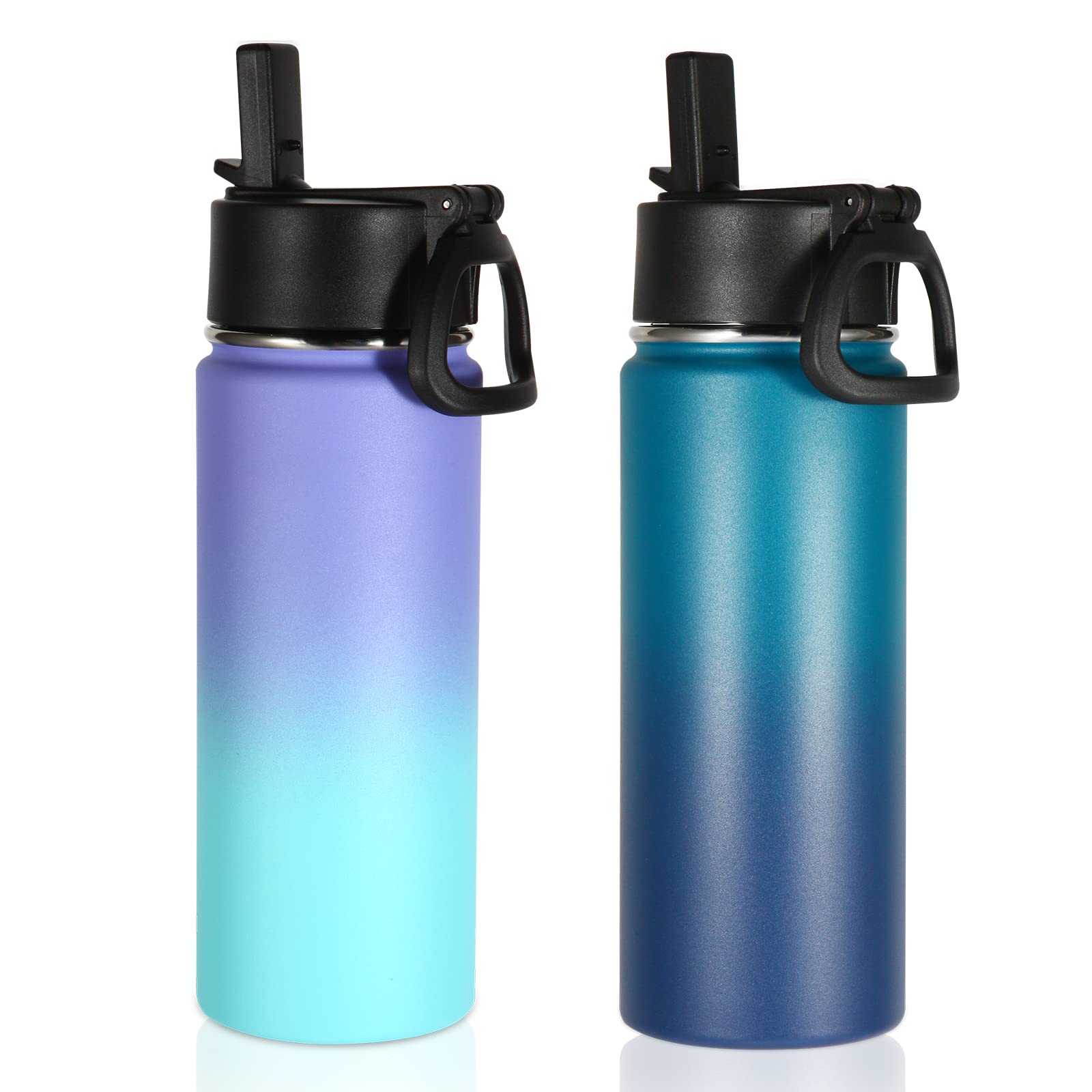Volhoply 530ml/18oz Insulated Water Bottle 2 Pack, Multipack Kids Stainless Steel Water Bottles with Straw Lid,Double Wall Vacuum Sports Flask Keep Hot and Cold (Assorted,2 Pack)