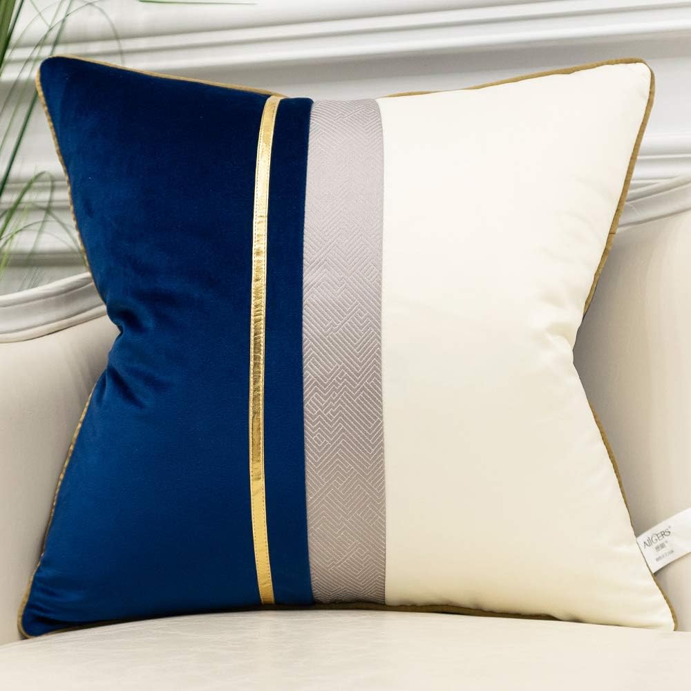 Avigers 18 x 18 Inches Navy Blue White Gold Leather Striped Patchwork Velvet Cushion Case Luxury Modern Throw Pillow Cover Decorative Pillow for Couch Living Room Bedroom Car