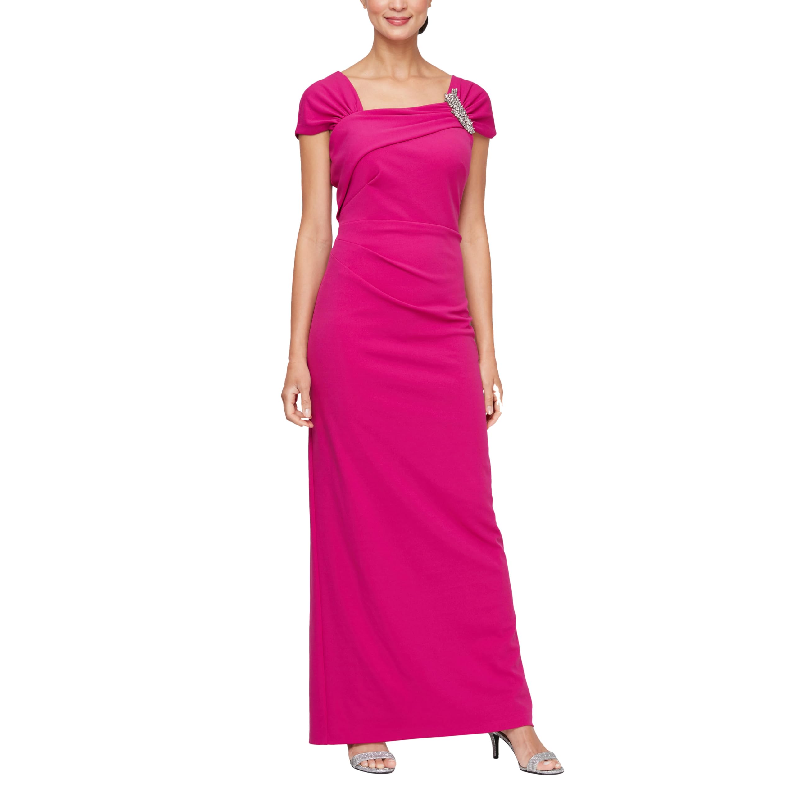 Alex Evenings Women’s Long Crepe Mother of The Bride Dress with Ruched Asymmetric Neckline & Embellishment, Formal Events, Fuchsia