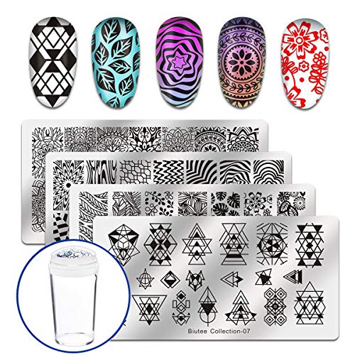 Biutee　Nail Art Stamp Stamping Templates Stamper Scraper Kit 4 Manicure Plates Set with 1 Polish Stamper  Leaves Flowers Geometric letter Nail Template with nail　 - Thumbnail 5