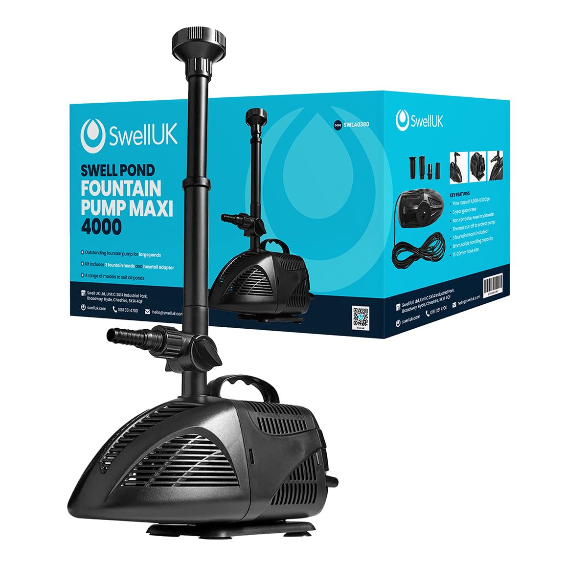 Swell Ponds Fountain Pump Maxi 4000 for Large Outdoor Garden Pools. Powerful with Multiple Spray Nozzles Heads. Fully Submersible with Thermal Cut-Off and a 3 Year Guarantee