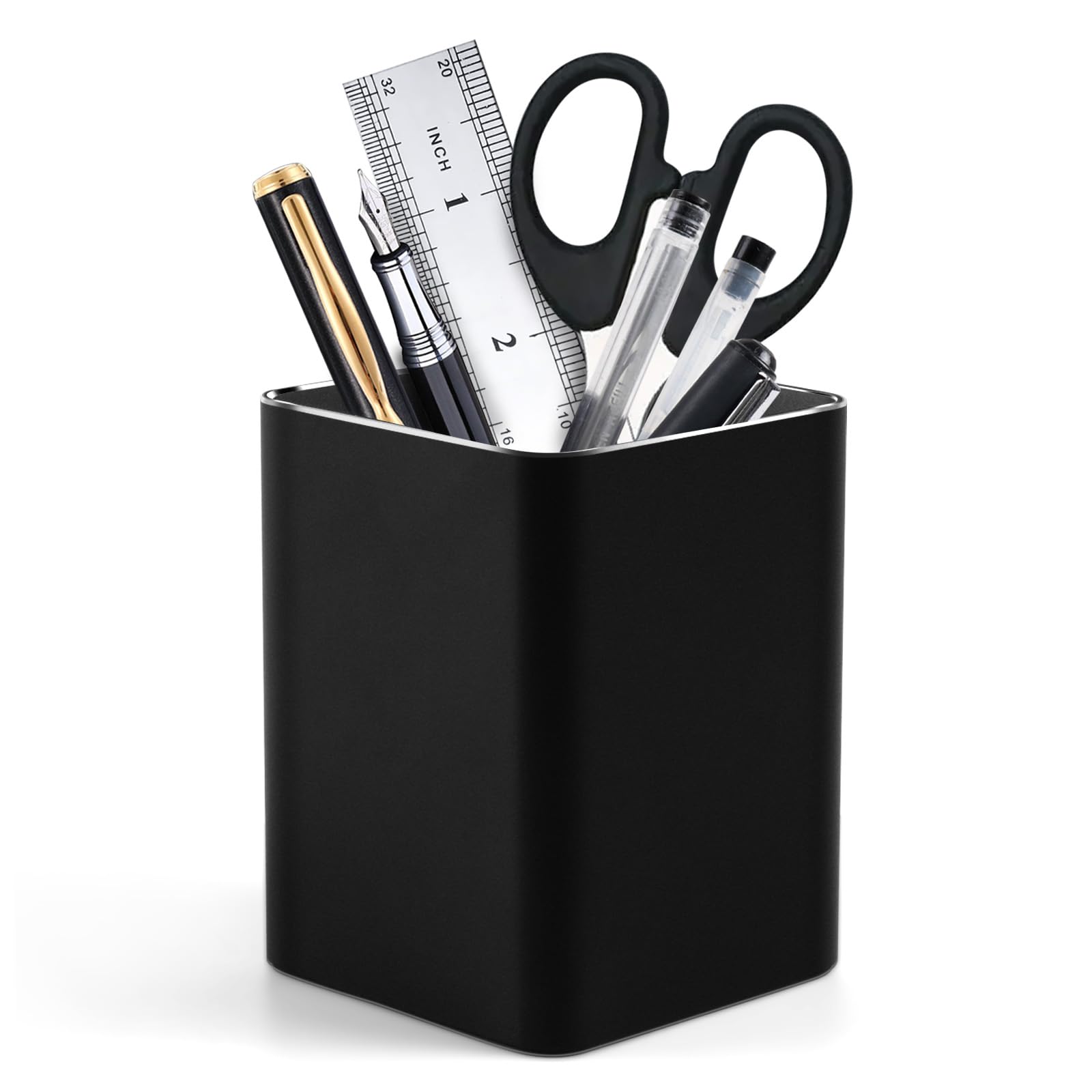 RQB Metal Pen Holder for Desk Square Aluminum Desktop Organizer and Makeup Brush Holder Storage Box for Office, School, Home, and Kids, Non-slip silicone 4×3.15inch (Black)