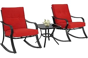 OAKCLOUD Oakmont Outdoor Furniture 3 Piece Conversation Bistro Set Rocking Chairs and Glass Top Table, Thick Cushions, Black Steel (Red)
