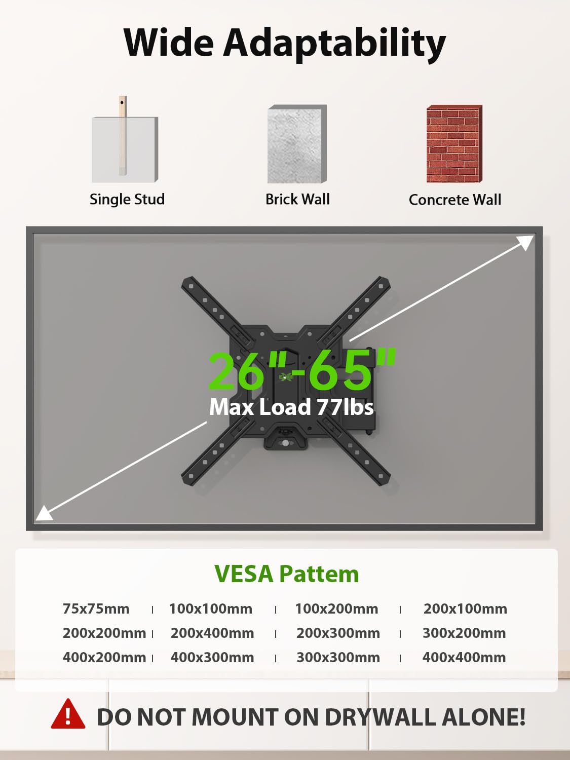 USX MOUNT UL Listed Full Motion TV Mount, Swivel Articulating Tilt TV Wall Mount for 26-65 Inch LED, 4K, Wall Mount Bracket with VESA 400x400mm Up to 77lbs, Perfect Center Design -XMM006-1