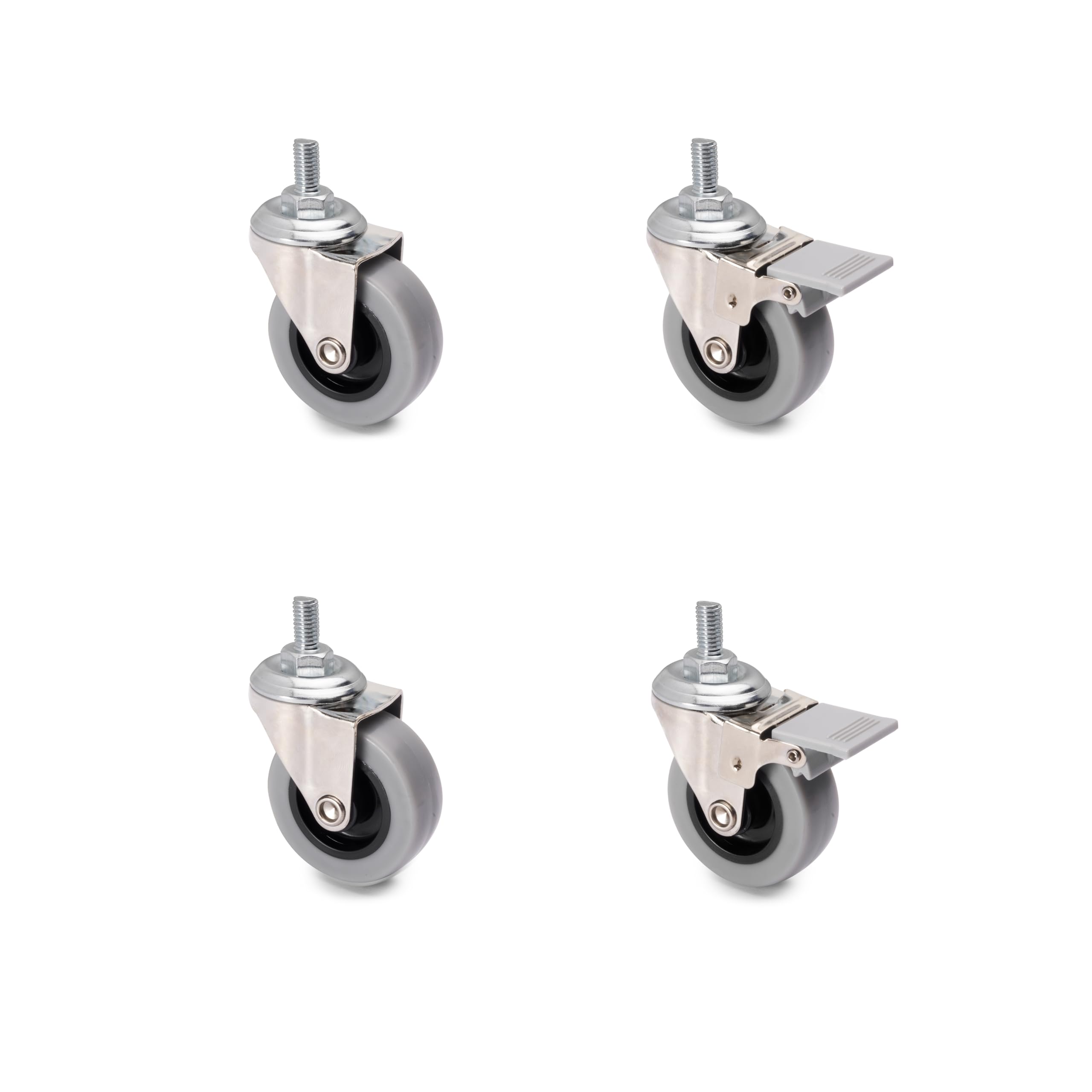 Emuca - Pack of 4 grey swivel castors for furniture (2 with brake and 2 without brake) 50mm(1,96 inch) diameter with M8x15 bolt and ball bearings