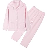 Umeyda Girls Fleece Pajamas Long Sleeve Flannel Button Down Sleepwear Kids Soft Fuzzy 2 Pieces Pjs Loungewear Sets