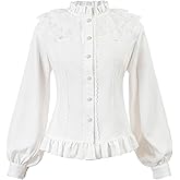 CR ROLECOS Womens Victorian Blouse Lace Ruffle Neck Bishop Long Sleeve Vintage Edwardian Shirt Lolita Tops White 3XL