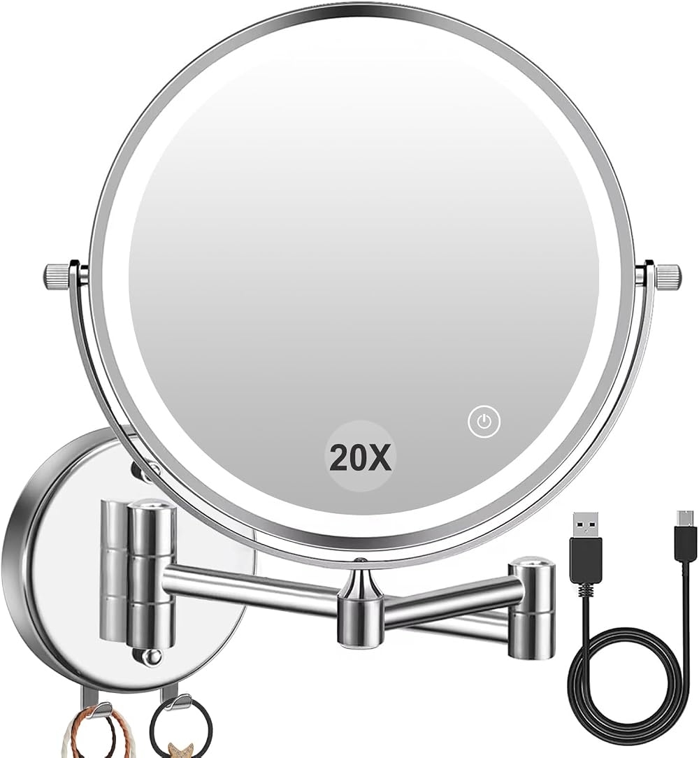 Amelar 8In Wall Mounted Makeup Mirror 20X Magnification LED 3 Color Lights