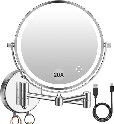 Amelar 8In Wall Mounted Makeup Mirror 20X Magnification LED 3 Color Lights