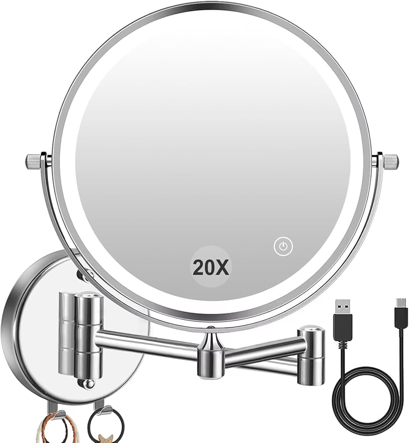 Amelar 8In Wall Mounted Makeup Mirror 20X Magnification LED 3 Color Lights