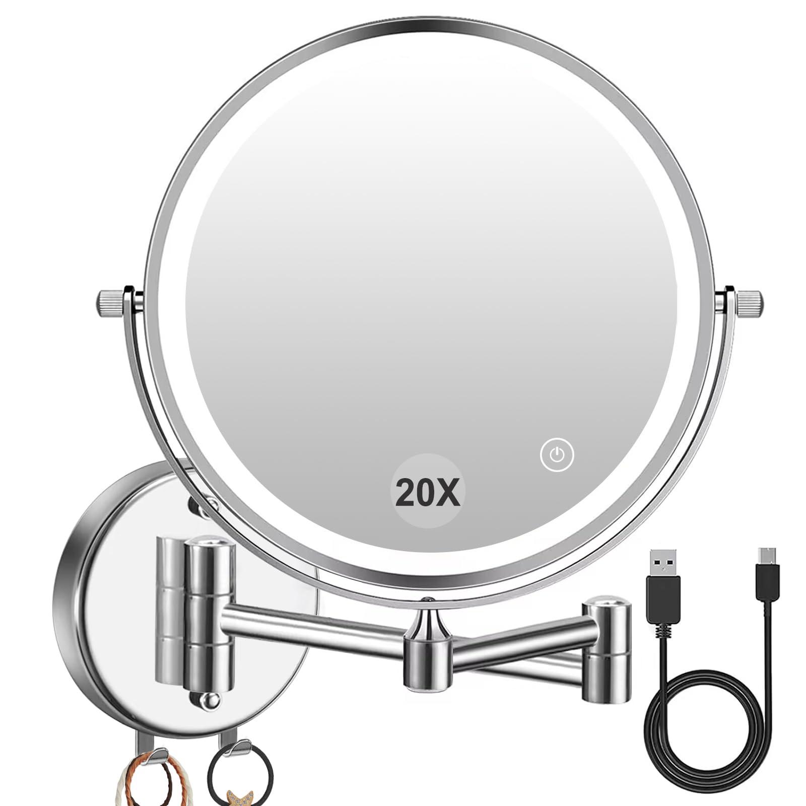 Amelar 20X Wall Mounted Makeup Mirror 3500 mAh Rechargeable LED 3 Color Lights Two Sided 8 Inch Magnifying Mirror Touch Switch Intelligent Shutdown 360° for Bathroom Hotel (Silver)