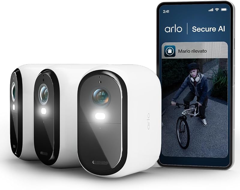 Essential 3 XL Telecamera WiFi Esterno Senza Fili, 2K, Telecamera WiFi Interno, Batteria Da 24 Mesi*, Sirena Allarme Casa, Sensore Di Movimento, Prova Inclusa Secure, 3 Telecamere, Bianche — foto 1 di 8