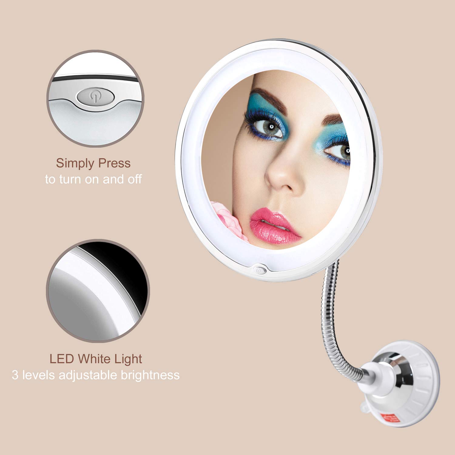 TOP4EVER Flexible Gooseneck LED Lighted 10X Magnifying Makeup Mirror，Power Locking Suction Cup with Dimmable Light and 360 Degree Swivel, Portable Cordless and Home Bathroom Vanity Mirror : Beauty