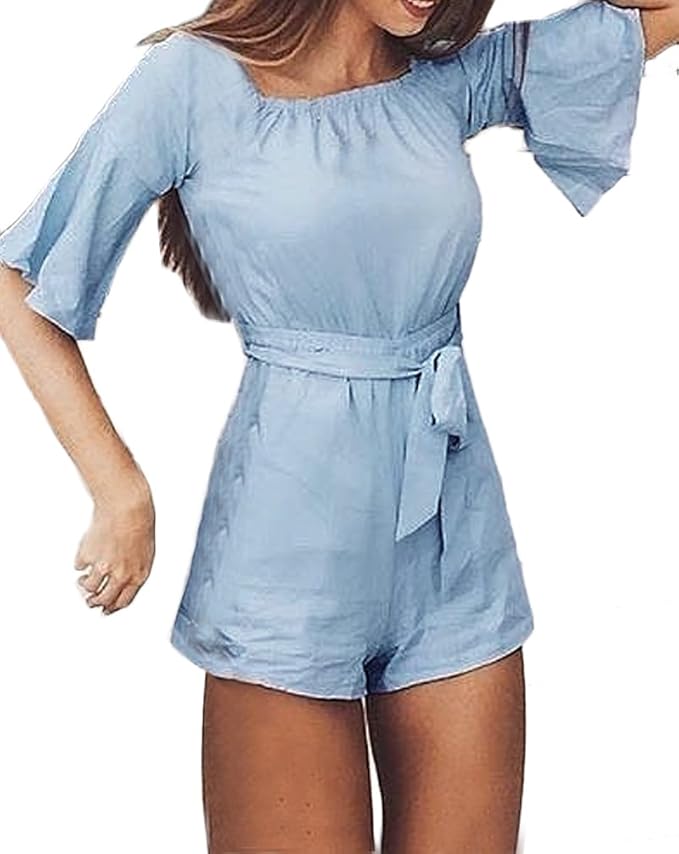 Jumpsuit Damen Elegant Kurz Sommer Rückenfrei Off Shoulder Boot Hals 3/4 Ärmel Trompetenärmel