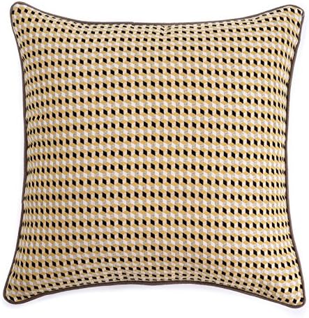 Homier Yellow Geometric Pillow Cover Throw Cushion Case for Sofa Couch - Lemon Yellow/Cream White/Beige/Black Tiled Box Woven Pattern Design with Brown/Tan Accent Piping - 20 x 20 Inches