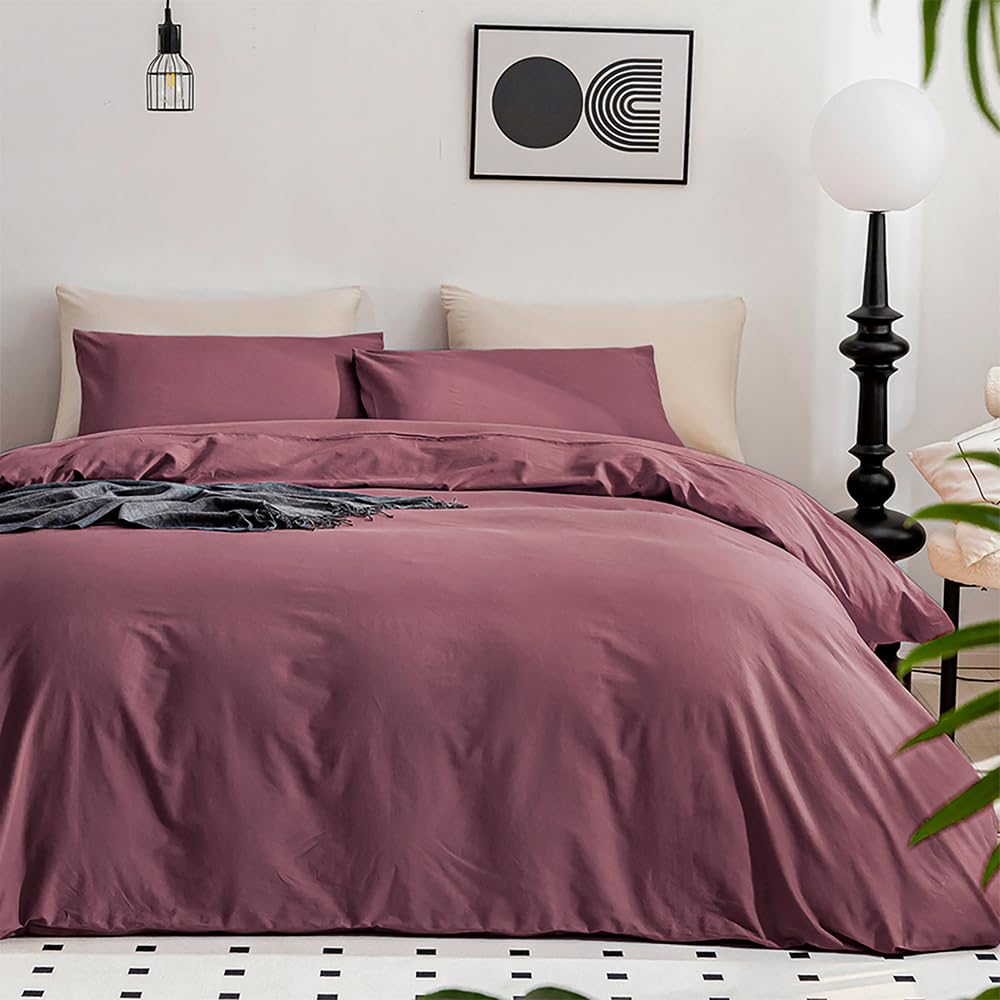 Photo 1 of JELLYMONI Plum Duvet Cover Queen Size - 100% Washed Cotton Linen Like Textured Comforter Cover, 3 Pieces Breathable Soft Bedding Set with Zipper Closure (Plum, 90"x90")