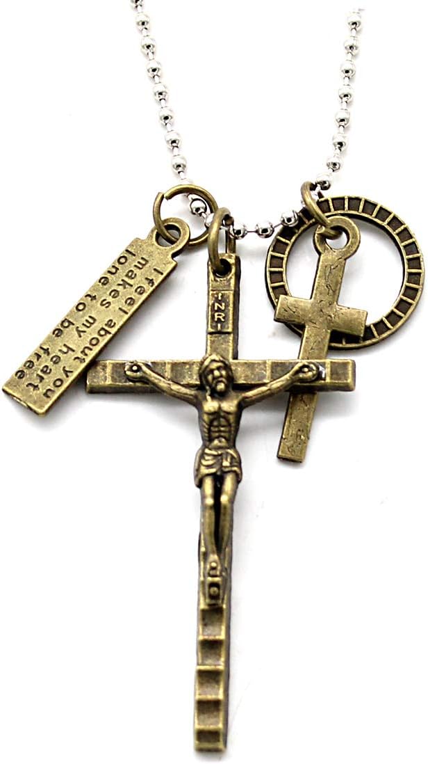 Big Jesus Cross Multi Charm Long Pendant Necklace with Beaded Chain for Mens Boys